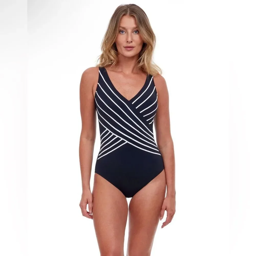 Gottex Embrace V-neck Surplice Black White Stripes One Piece Swimsuit 10 NWT